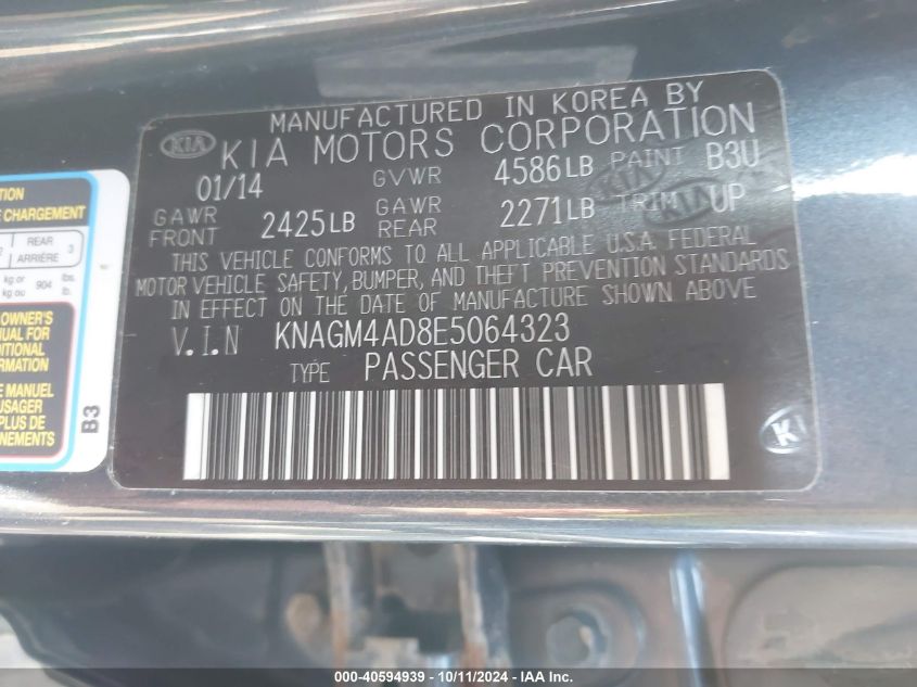 KNAGM4AD8E5064323 2014 Kia Optima Hybrid Lx