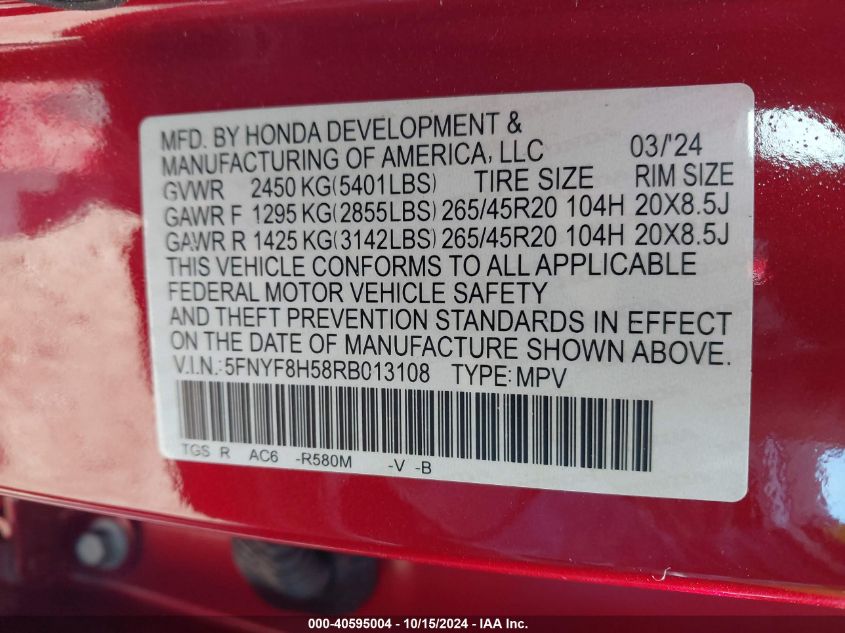 2024 Honda Passport Awd Ex-L VIN: 5FNYF8H58RB013108 Lot: 40595004