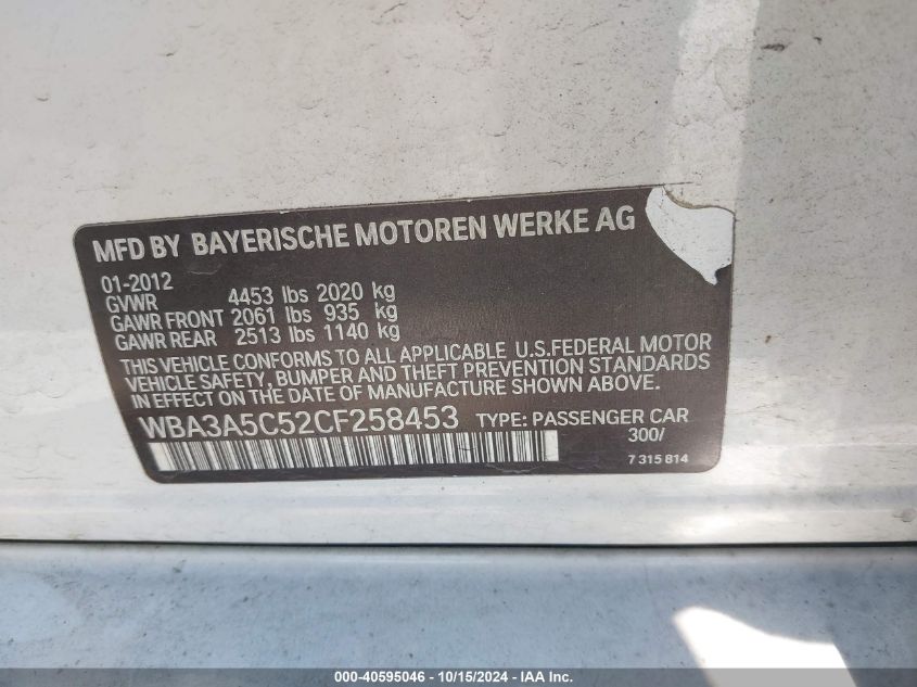2012 BMW 328I VIN: WBA3A5C52CF258453 Lot: 40595046