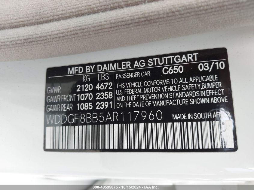 2010 Mercedes-Benz C 300 Luxury 4Matic/Sport 4Matic VIN: WDDGF8BB5AR117960 Lot: 40595075