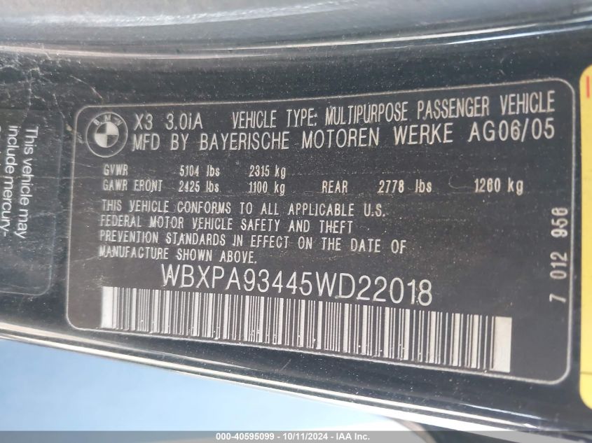 WBXPA93445WD22018 2005 BMW X3 3.0I