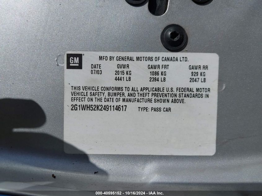 2004 Chevrolet Impala Ls VIN: 2G1WH52K249114617 Lot: 40595152