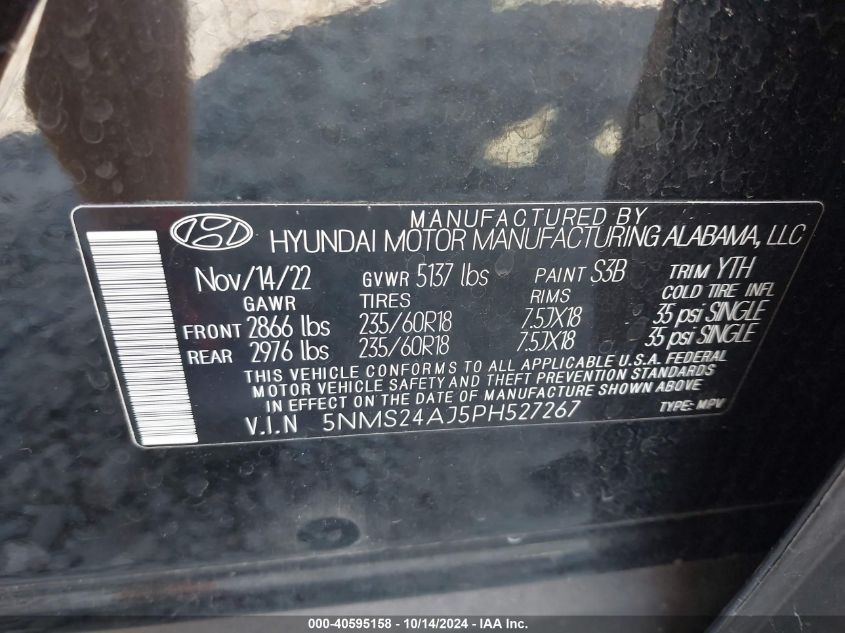 2023 Hyundai Santa Fe Sel VIN: 5NMS24AJ5PH527267 Lot: 40595158