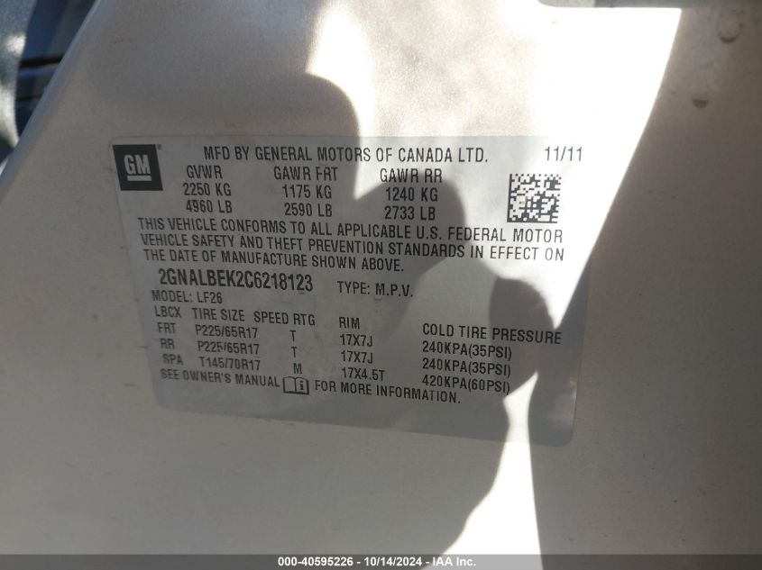 2012 Chevrolet Equinox Ls VIN: 2GNALBEK2C6218123 Lot: 40595226