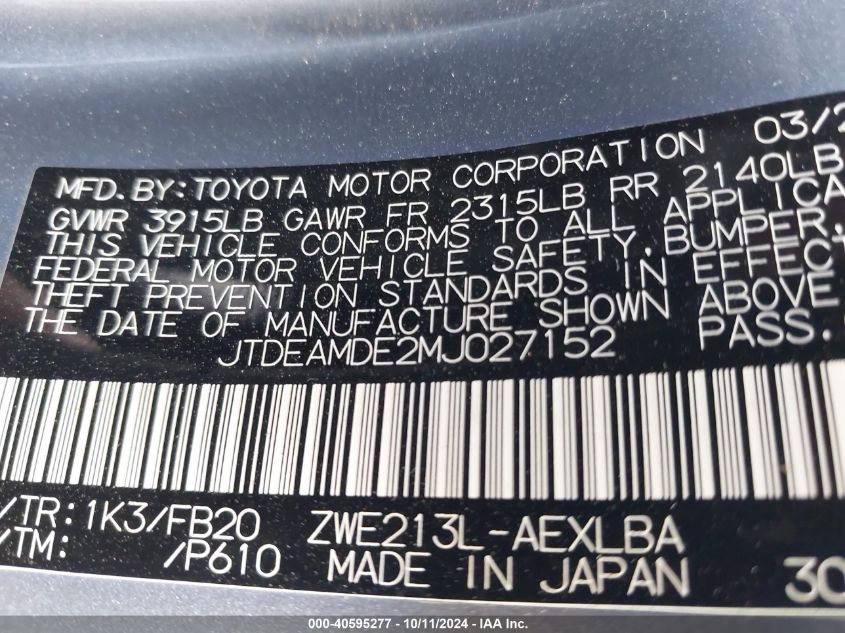 JTDEAMDE2MJ027152 2021 Toyota Corolla Hybrid Le