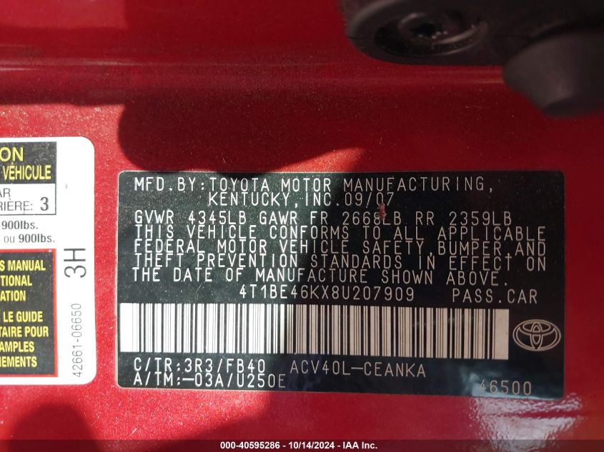 2008 Toyota Camry Le VIN: 4T1BE46KX8U207909 Lot: 40595286