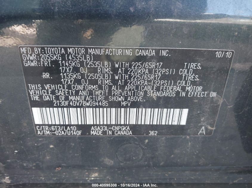 2011 Toyota Rav4 Limited VIN: 2T3DF4DV7BW094485 Lot: 40595308