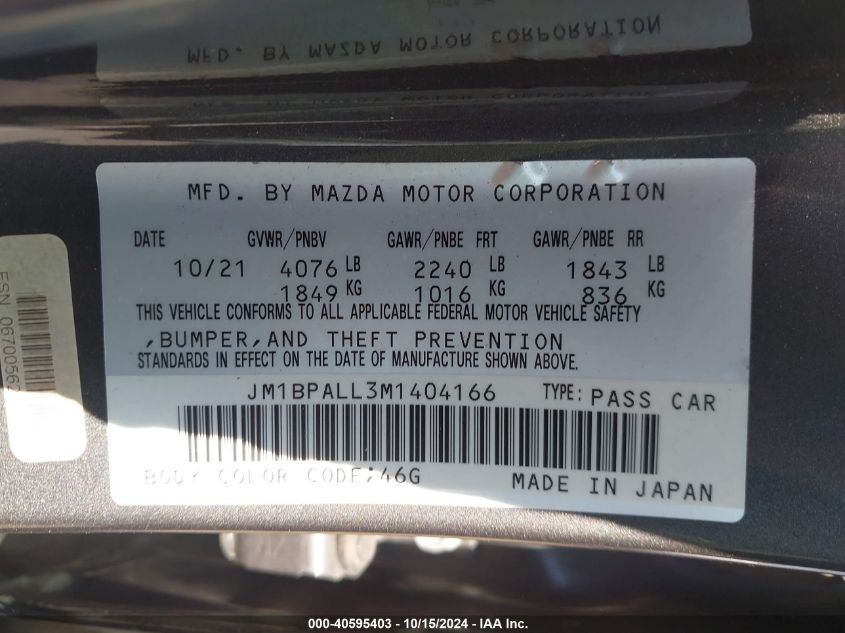 2021 Mazda Mazda3 Preferred VIN: JM1BPALL3M1404166 Lot: 40595403