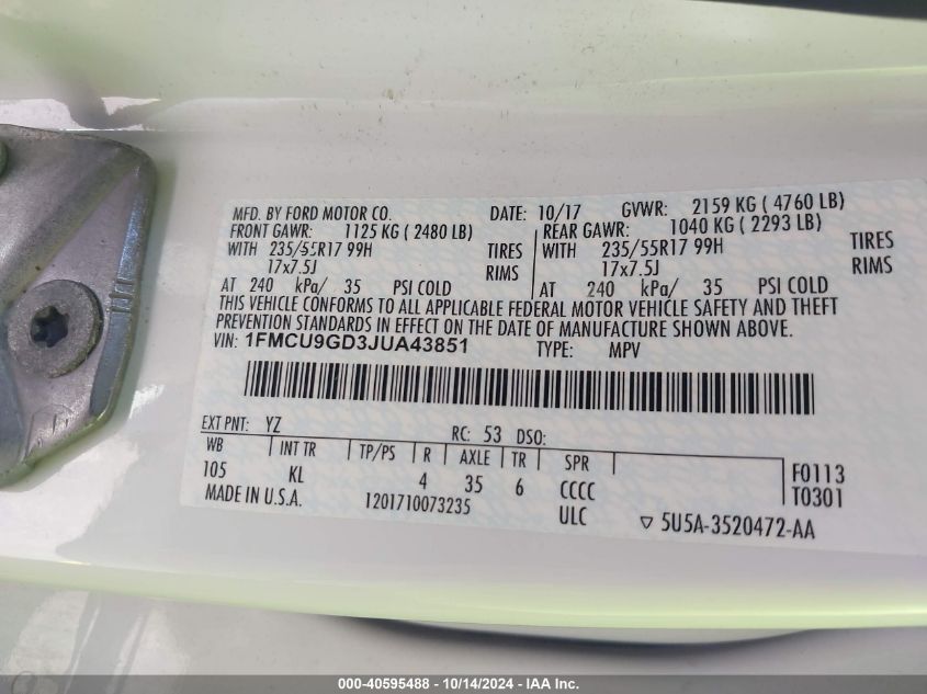 2018 Ford Escape Se VIN: 1FMCU9GD3JUA43851 Lot: 40595488