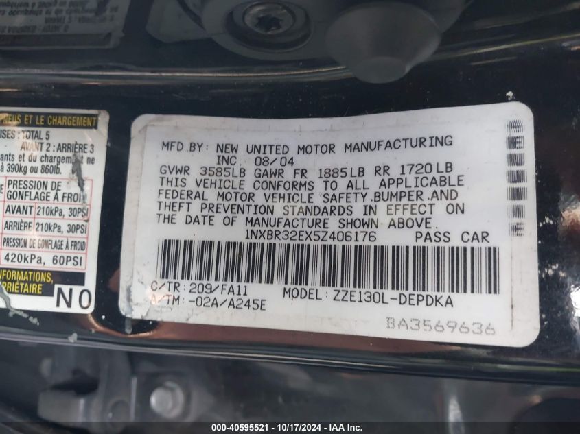 2005 Toyota Corolla Ce VIN: 1NXBR32EX5Z406176 Lot: 40595521