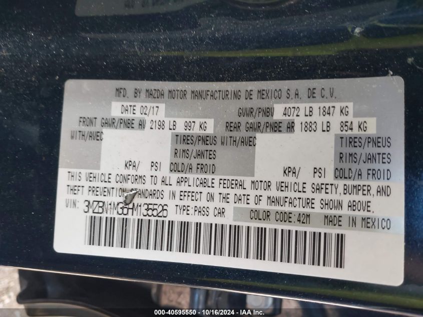 2017 Mazda Mazda3 Grand Touring VIN: 3MZBN1M36HM135526 Lot: 40595550