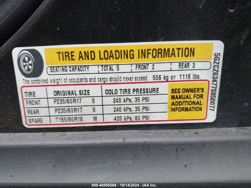 2007 Saturn Vue V6 VIN: 5GZCZ63477S850077 Lot: 40595569