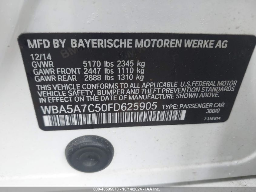 2015 BMW 5 Series 528I xDrive VIN: WBA5A7C50FD625905 Lot: 40595578