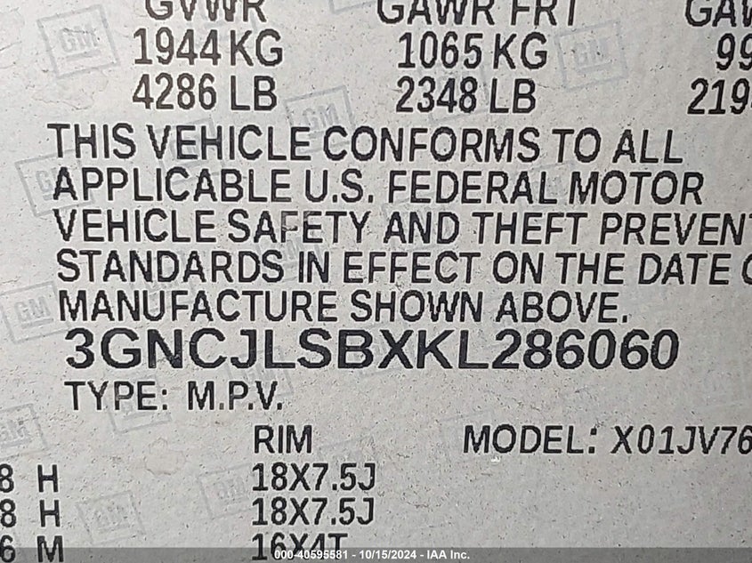 VIN 3GNCJLSBXKL286060 2019 CHEVROLET TRAX LT