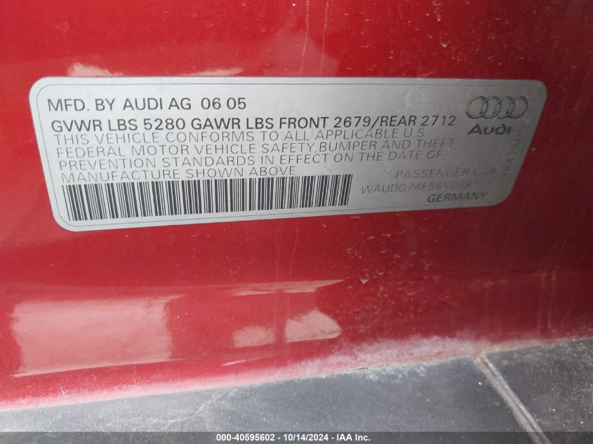 2006 Audi A6 3.2 VIN: WAUDG74F56N038711 Lot: 40595602