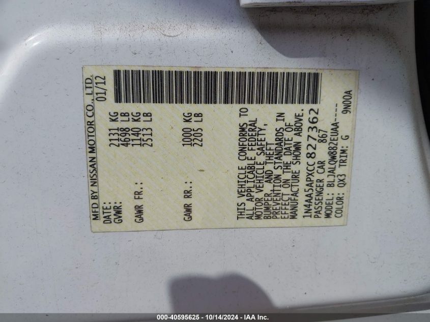 2012 Nissan Maxima S/Sv VIN: 1N4AA5APXCC827362 Lot: 40595625