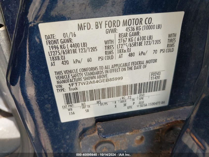 VIN 1FT7W2A64GEB85999 2016 Ford F-250, Lariat no.9