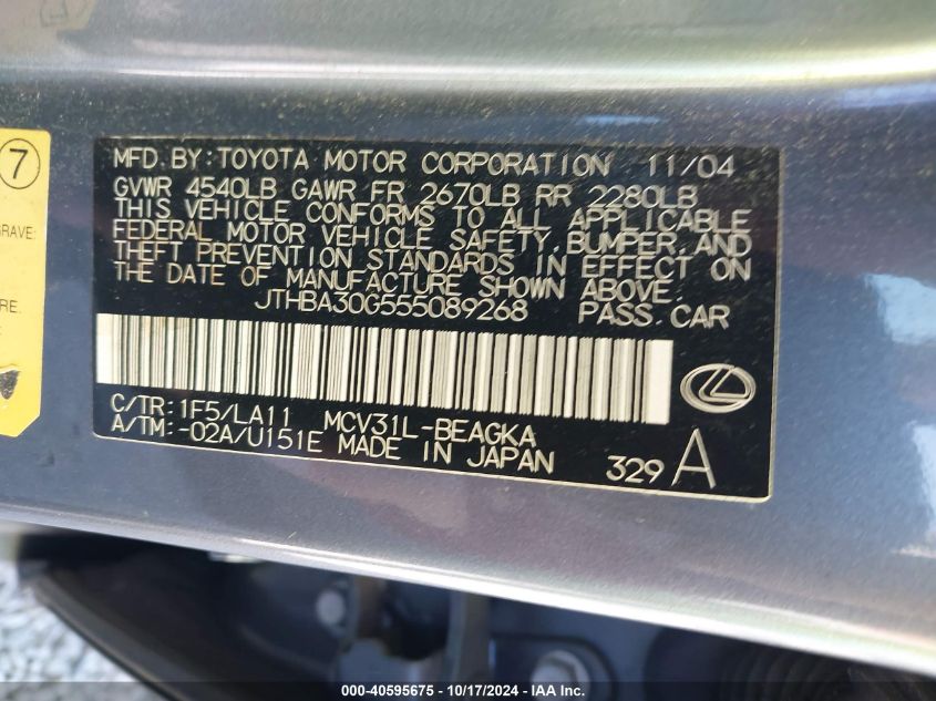 2005 Lexus Es 330 VIN: JTHBA30G555089268 Lot: 40595675