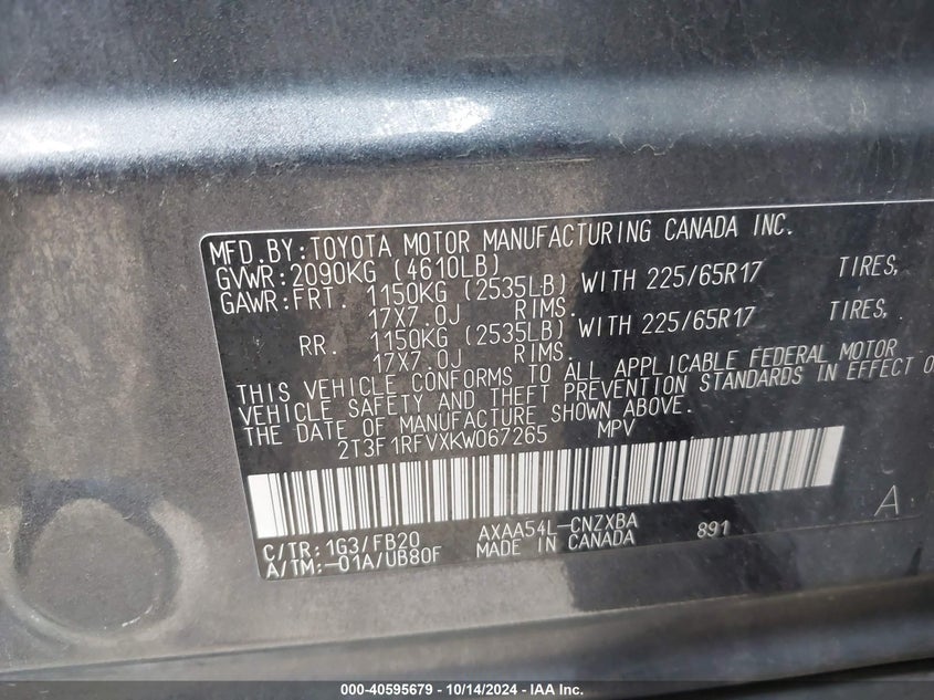 VIN 2T3F1RFVXKW067265 2019 TOYOTA RAV4 LE