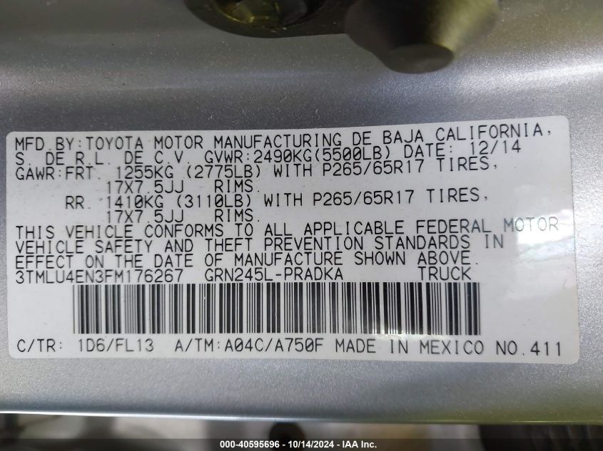 2015 Toyota Tacoma Base V6 VIN: 3TMLU4EN3FM17626 Lot: 40595696