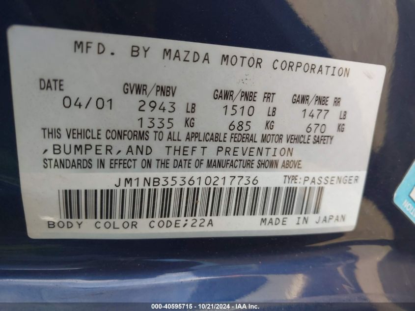 2001 Mazda Mx-5 Miata Ls/Special Edition VIN: JM1NB353610217736 Lot: 40595715