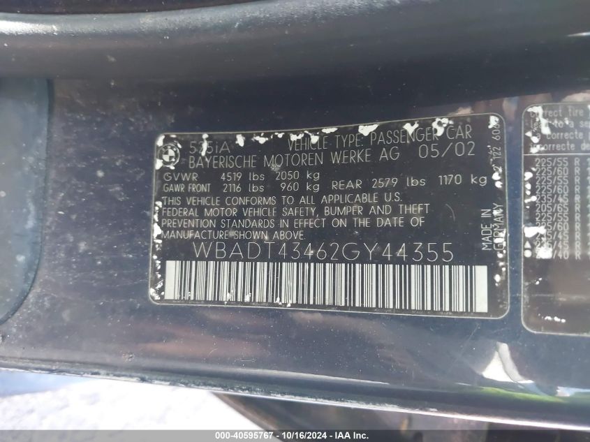 2002 BMW 525Ia VIN: WBADT43462GY44355 Lot: 40595767
