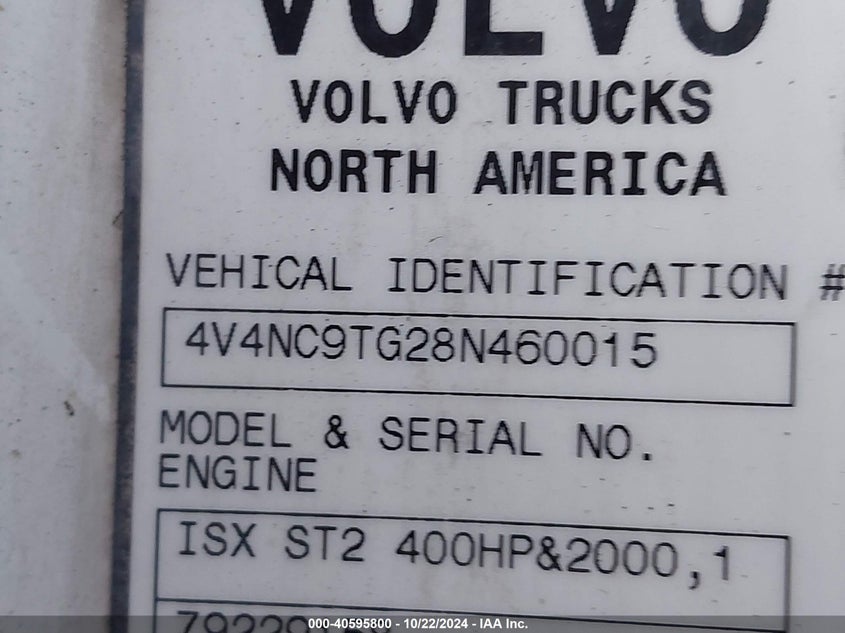 2008 Volvo Vn Vnl VIN: 4V4NC9TG28N460015 Lot: 40595800