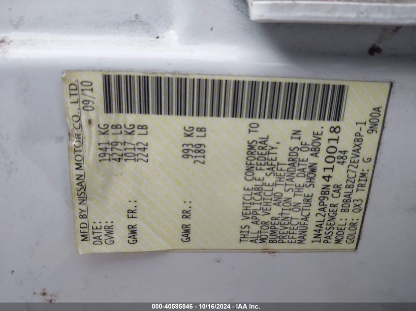 2011 Nissan Altima 2.5 S VIN: 1N4AL2AP9BN410018 Lot: 40595846