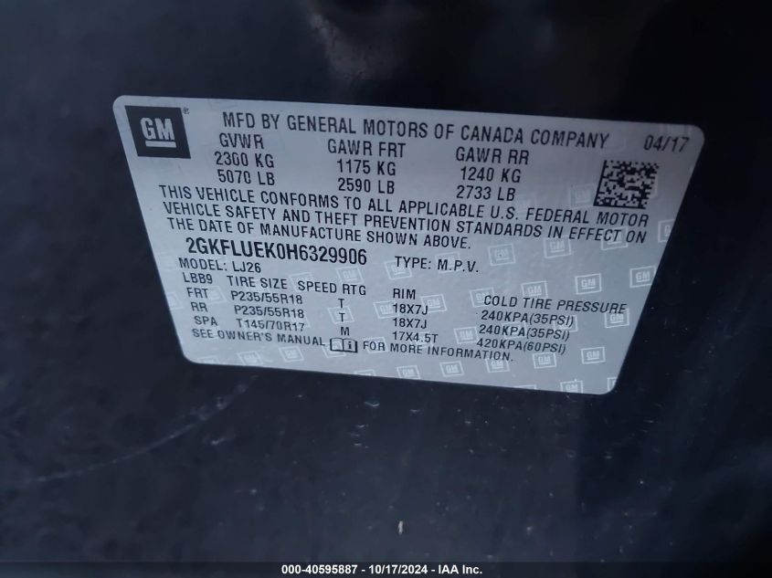 VIN 2GKFLUEK0H6329906 2017 GMC TERRAIN SLT