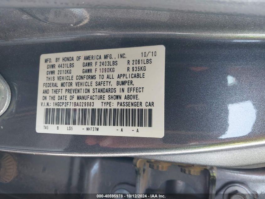 2011 Honda Accord 2.4 Ex VIN: 1HGCP2F71BA029983 Lot: 40595978