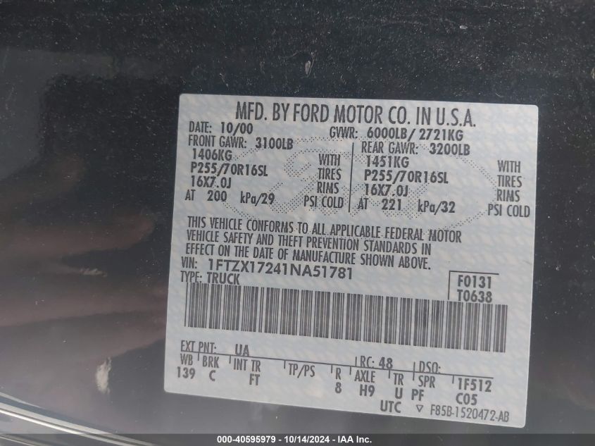 2001 Ford F-150 Xl/Xlt VIN: 1FTZX17241NA51781 Lot: 40595979