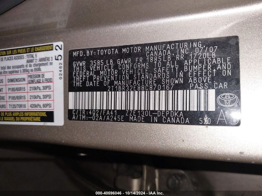 2008 Toyota Corolla Ce VIN: 2T1BR32E88C870167 Lot: 40596046