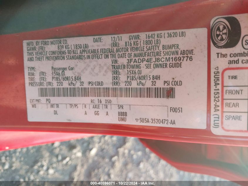 2012 Ford Fiesta Se VIN: 3FADP4EJ8CM169776 Lot: 40596071