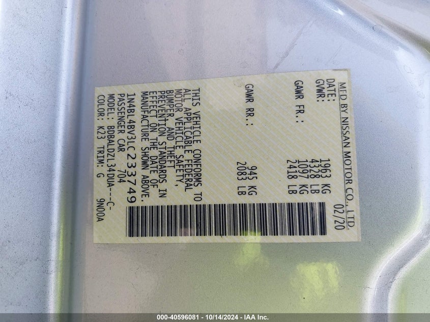 2020 Nissan Altima S Fwd VIN: 1N4BL4BV3LC233749 Lot: 40596081