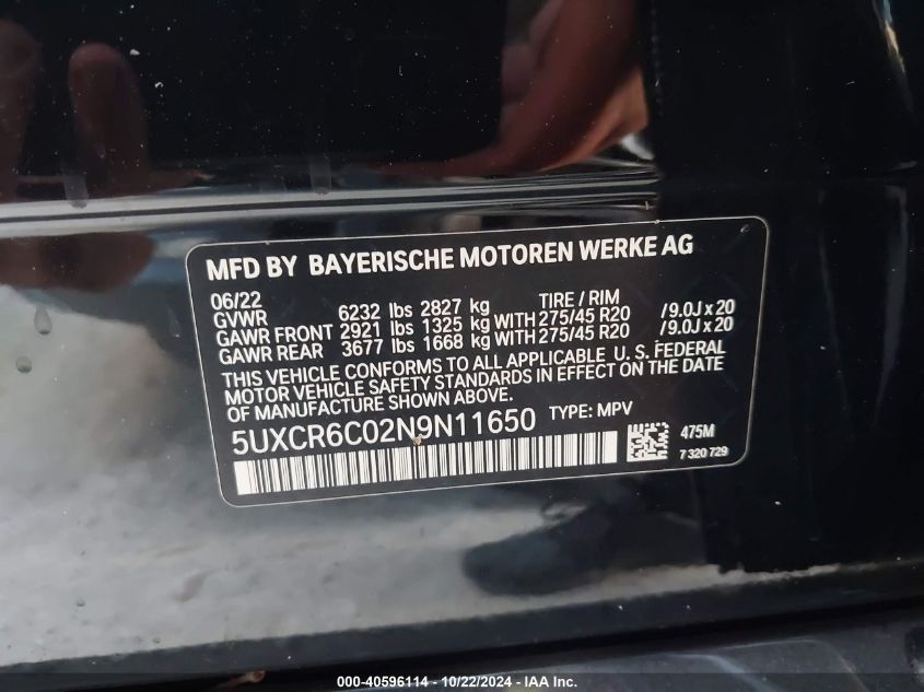 VIN 5UXCR6C02N9N11650 2022 BMW X5, Xdrive40I no.9