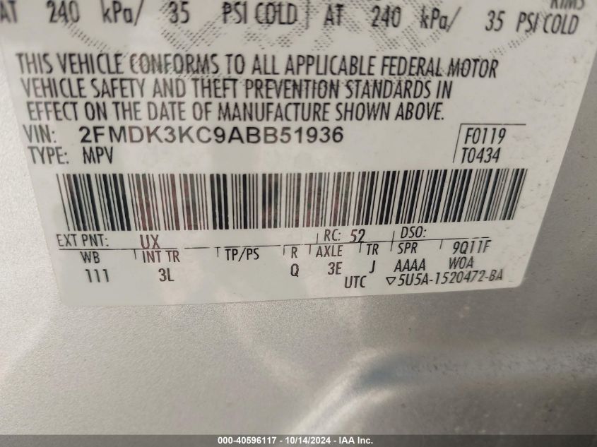 2010 Ford Edge Limited VIN: 2FMDK3KC9ABB51936 Lot: 40596117