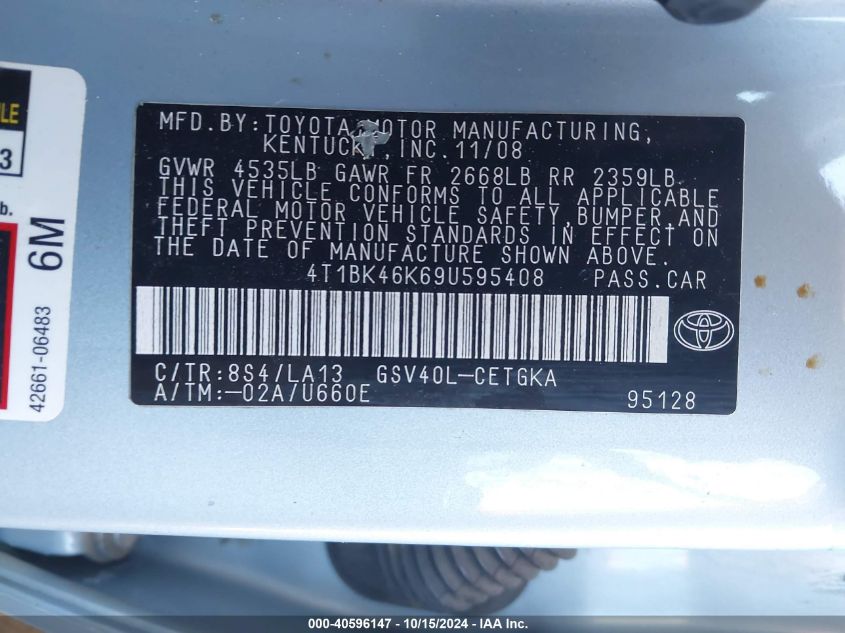 2009 Toyota Camry Xle VIN: 4T1BK46K69U595408 Lot: 40596147