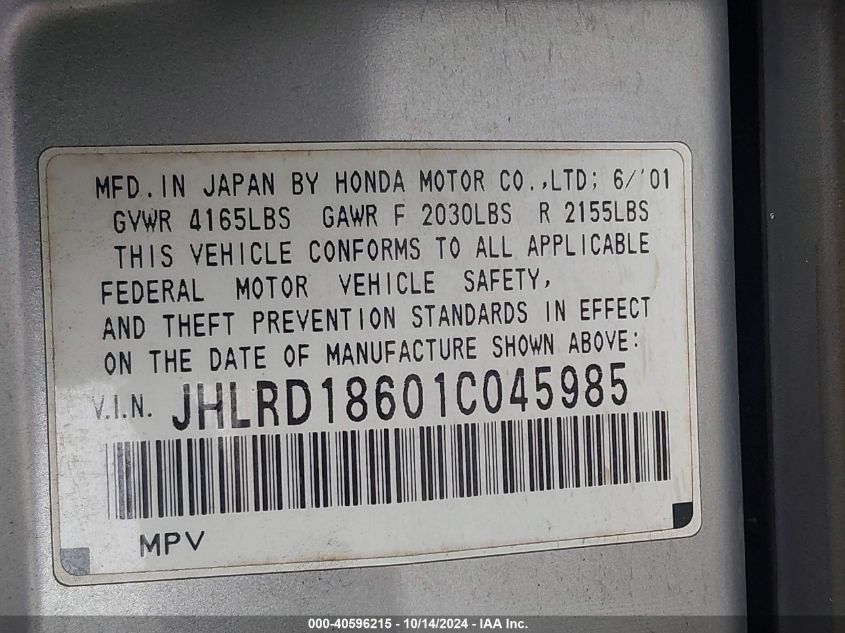 2001 Honda Cr-V Ex VIN: JHLRD18601C045985 Lot: 40596215