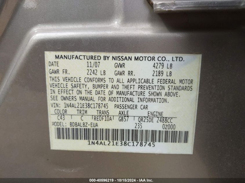 2008 Nissan Altima 2.5 S VIN: 1N4AL21E38C178745 Lot: 40596219