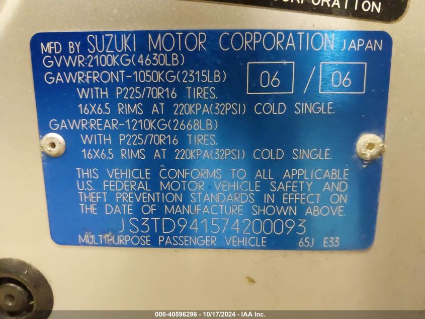 2007 Suzuki Grand Vitara VIN: JS3TD941574200093 Lot: 40596296