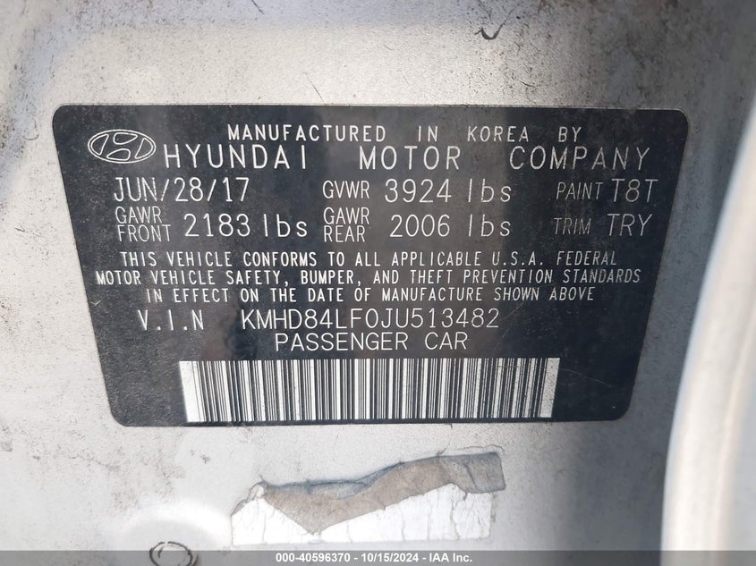 VIN KMHD84LF0JU513482 2018 HYUNDAI ELANTRA SEL