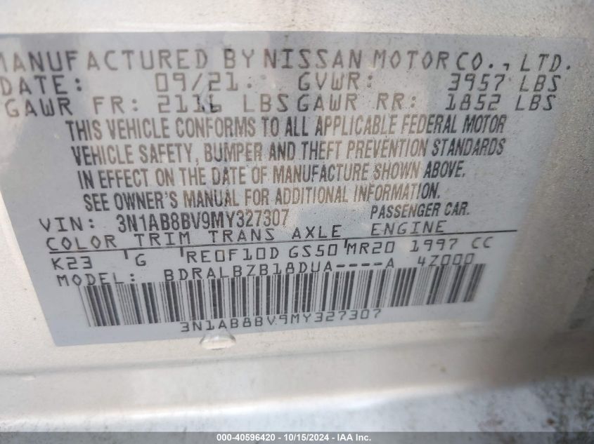 2021 Nissan Sentra S Xtronic Cvt VIN: 31AB8BV9MY327307 Lot: 40596420