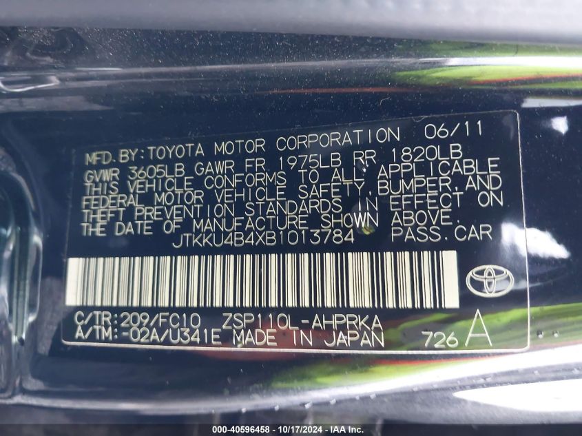 2011 Scion Xd VIN: JTKKU4B4XB1013784 Lot: 40596458