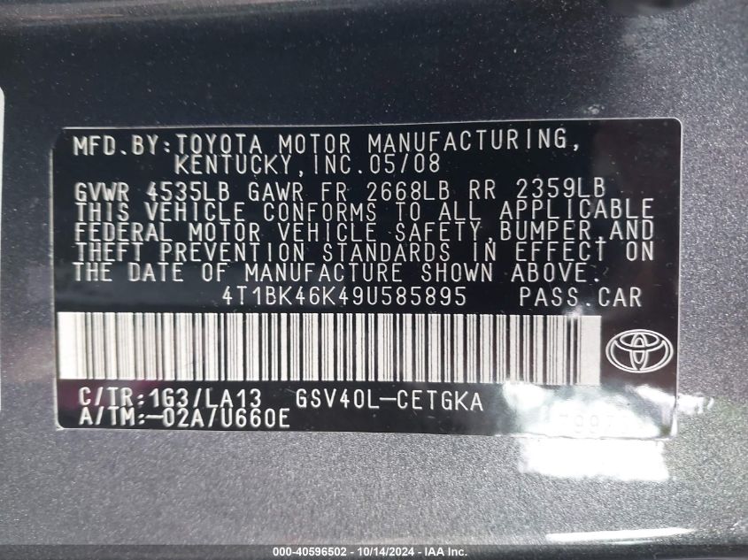 2009 Toyota Camry Se/Le/Xle VIN: 4T1BK46K49U585895 Lot: 40596502