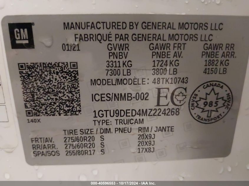 2021 GMC SIERRA 1500 VIN: 1GTU9DED4MZ224268