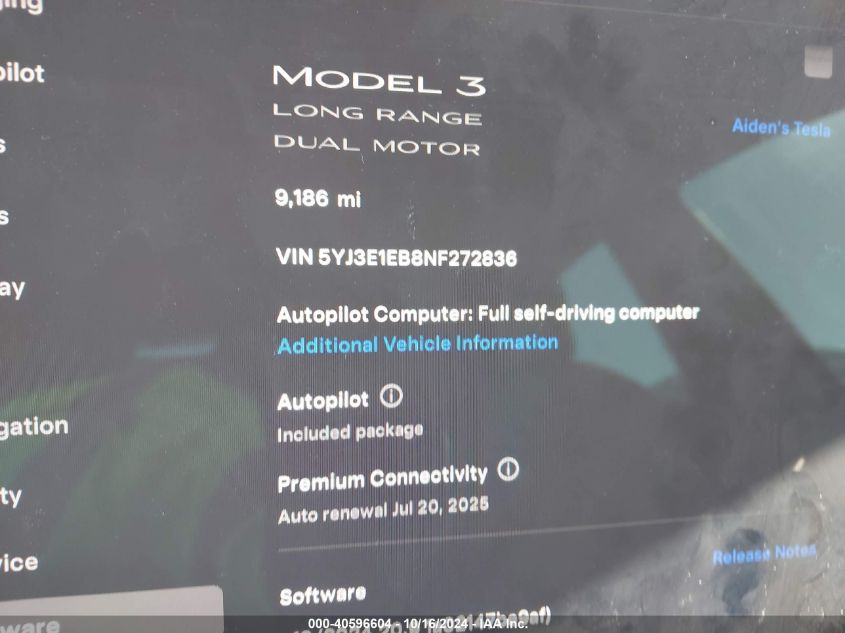 2022 Tesla Model 3 Long Range Dual Motor All-Wheel Drive VIN: 5YJ3E1EB8NF272836 Lot: 40596604