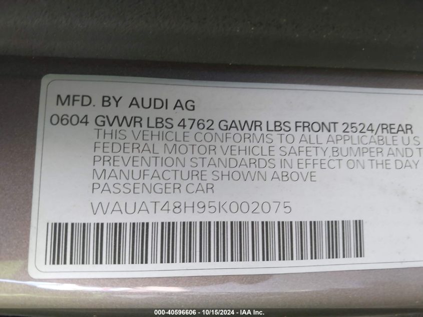 2005 Audi A4 3.0 VIN: WAUAT48H95K002075 Lot: 40596606