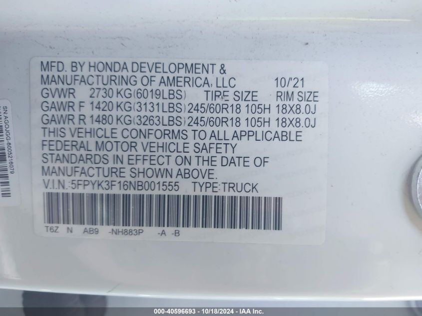 2022 Honda Ridgeline Sport VIN: 5FPYK3F16NB001555 Lot: 40596693