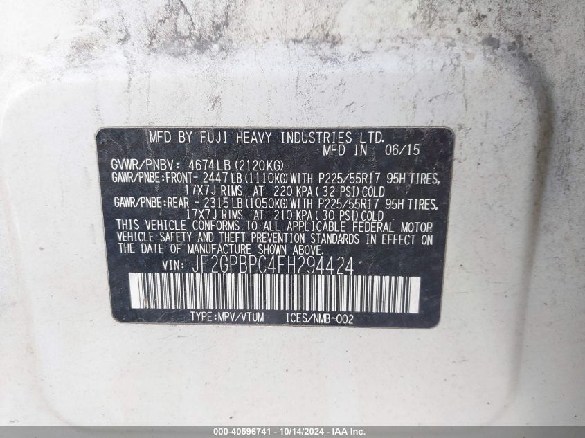 2015 Subaru Xv Crosstrek Hybrid Touring VIN: JF2GPBPC4FH294424 Lot: 40596741