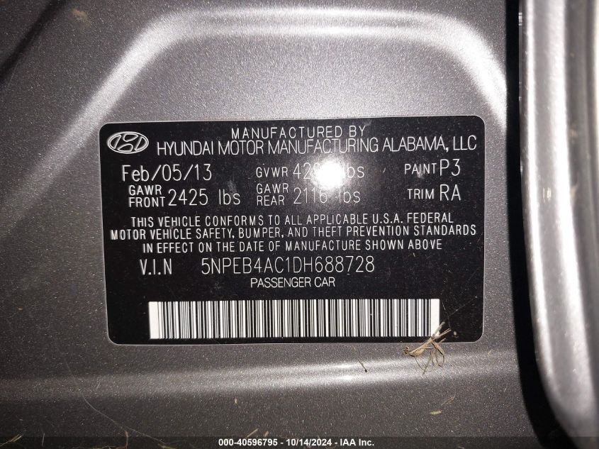 2013 Hyundai Sonata Gls VIN: 5NPEB4AC1DH688728 Lot: 40596795
